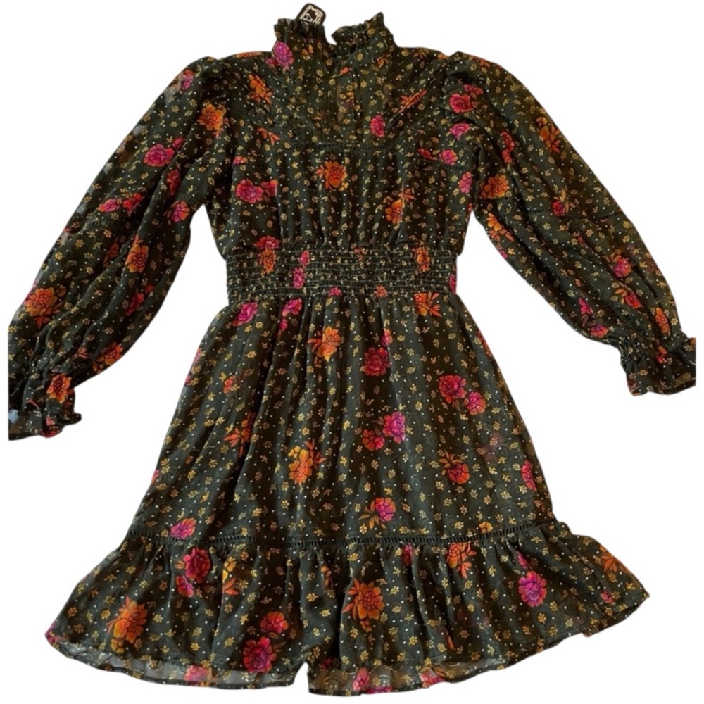 Angie Dark Green Mock Neck Boho Floral Mini Dress Sheer Smocked Waist Size Small